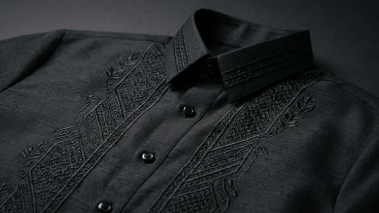 Intricate black Barong embroidery