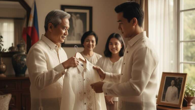 Man receiving a Barong Tagalog gift
