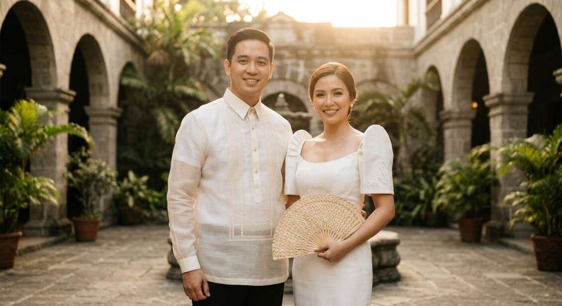 Filipino couple wearing formal Barong
