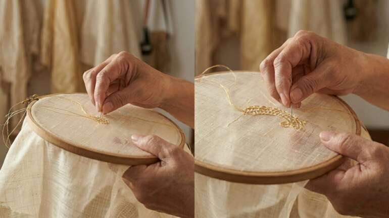 Piña fabric calado embroidery detail