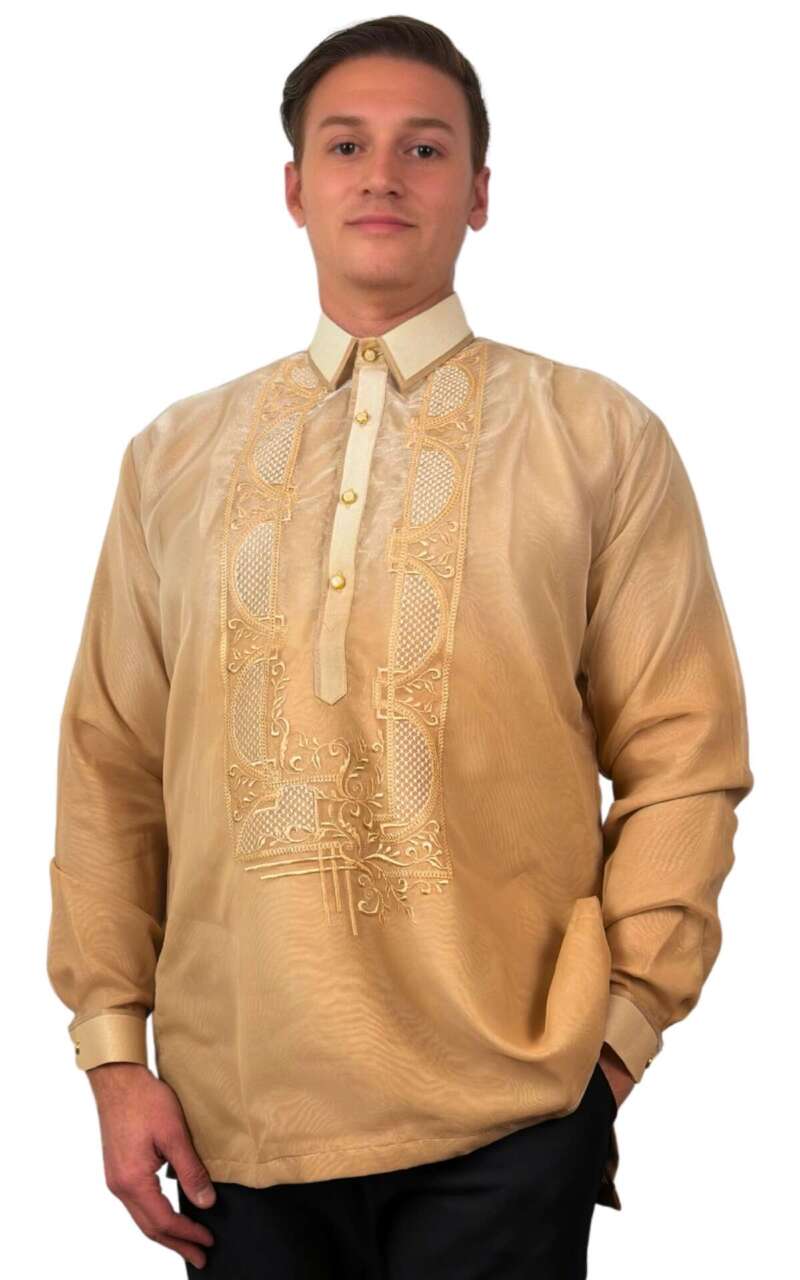 Beige Long Sleeve Organza Barong Tagalog - ORDER US SIZE