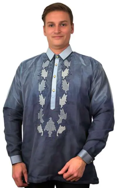 Navy Long Sleeve Organza Barong Tagalog ORDER US SIZE