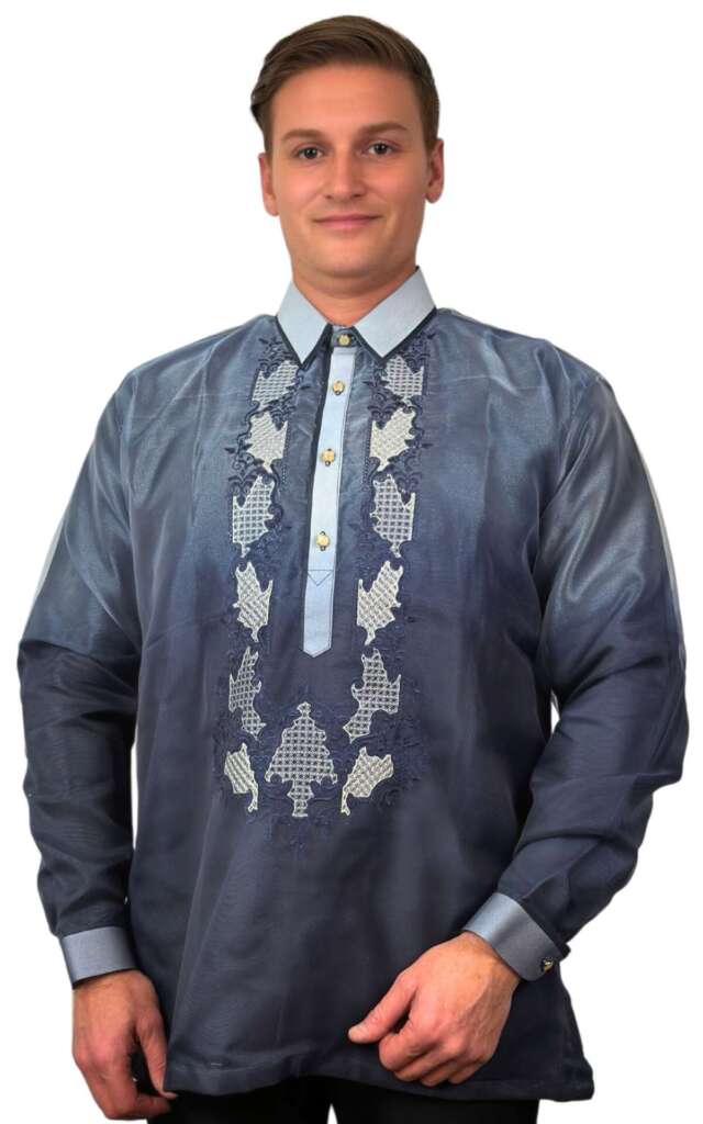 Navy Long Sleeve Organza Barong Tagalog ORDER US SIZE