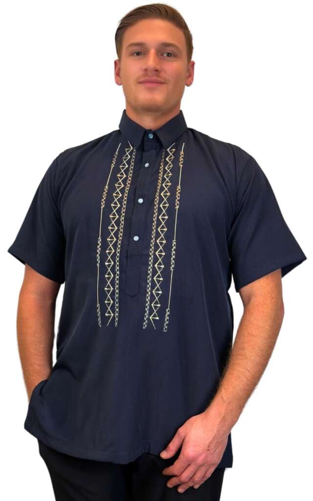 Navy Short Sleeve Polo Barong — Zigzag