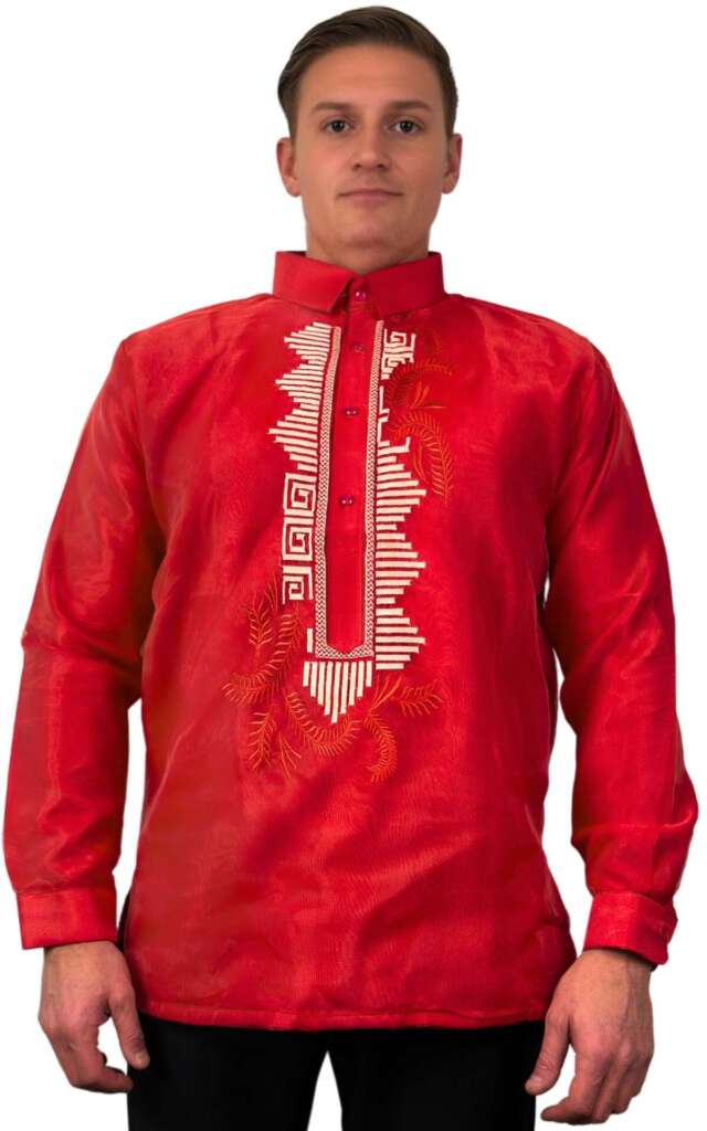 Red Long Sleeve Organza Barong Tagalog - ORDER US SIZE