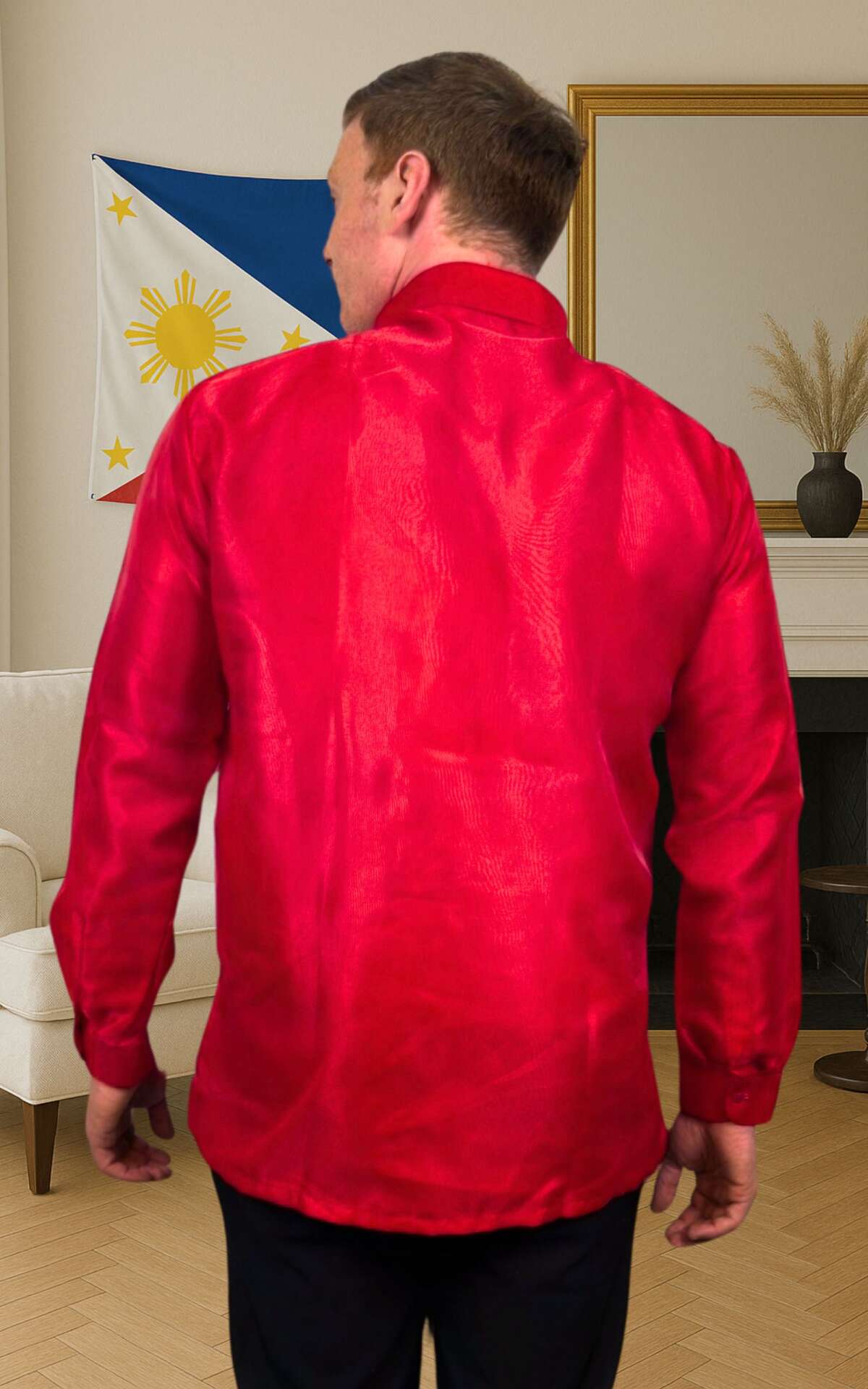 Red barong Filipino back view
