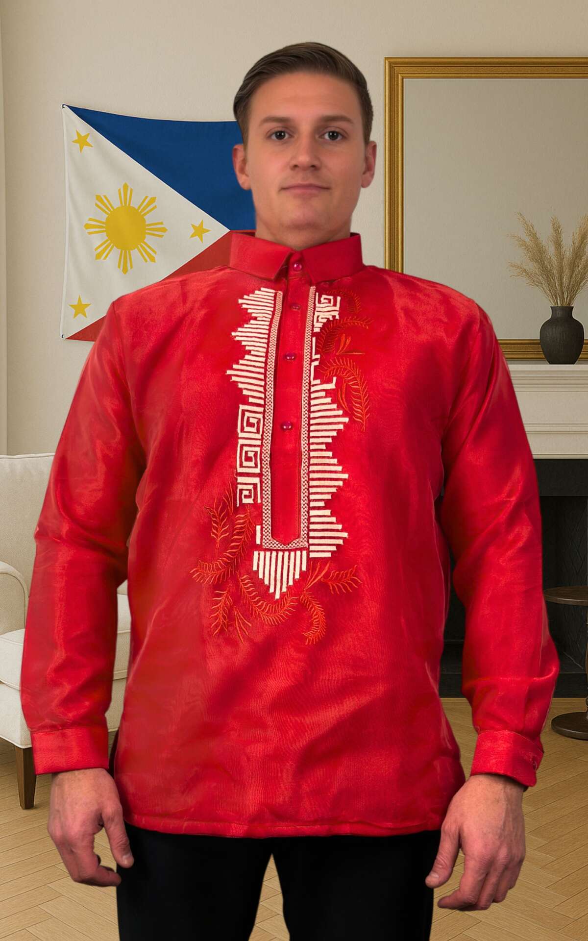 Red barong Filipino front view