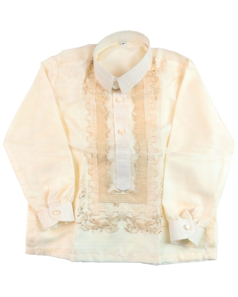 Kids White Chinese Collar Organza Barong Tagalog, front flat-lay showing the mandarin collar and embroidered front panels