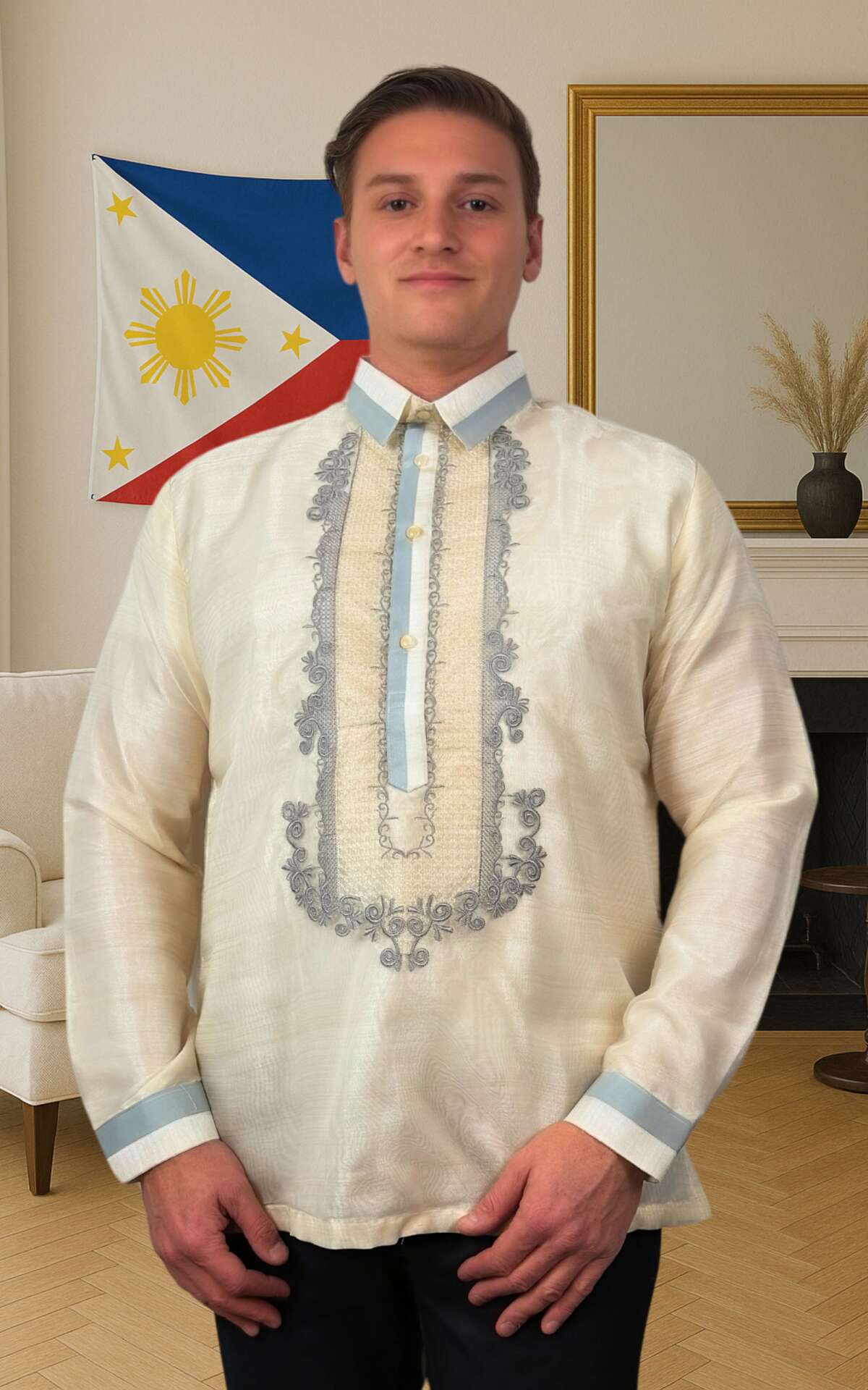 white-and-gray-barong-front-view White and gray barong Filipino front view
