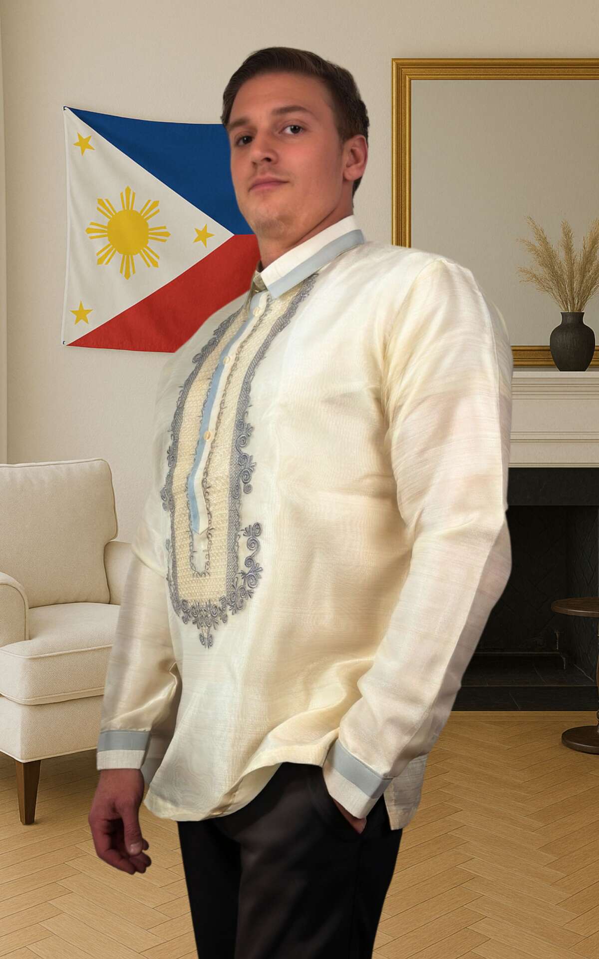 White and gray barong Filipino left view