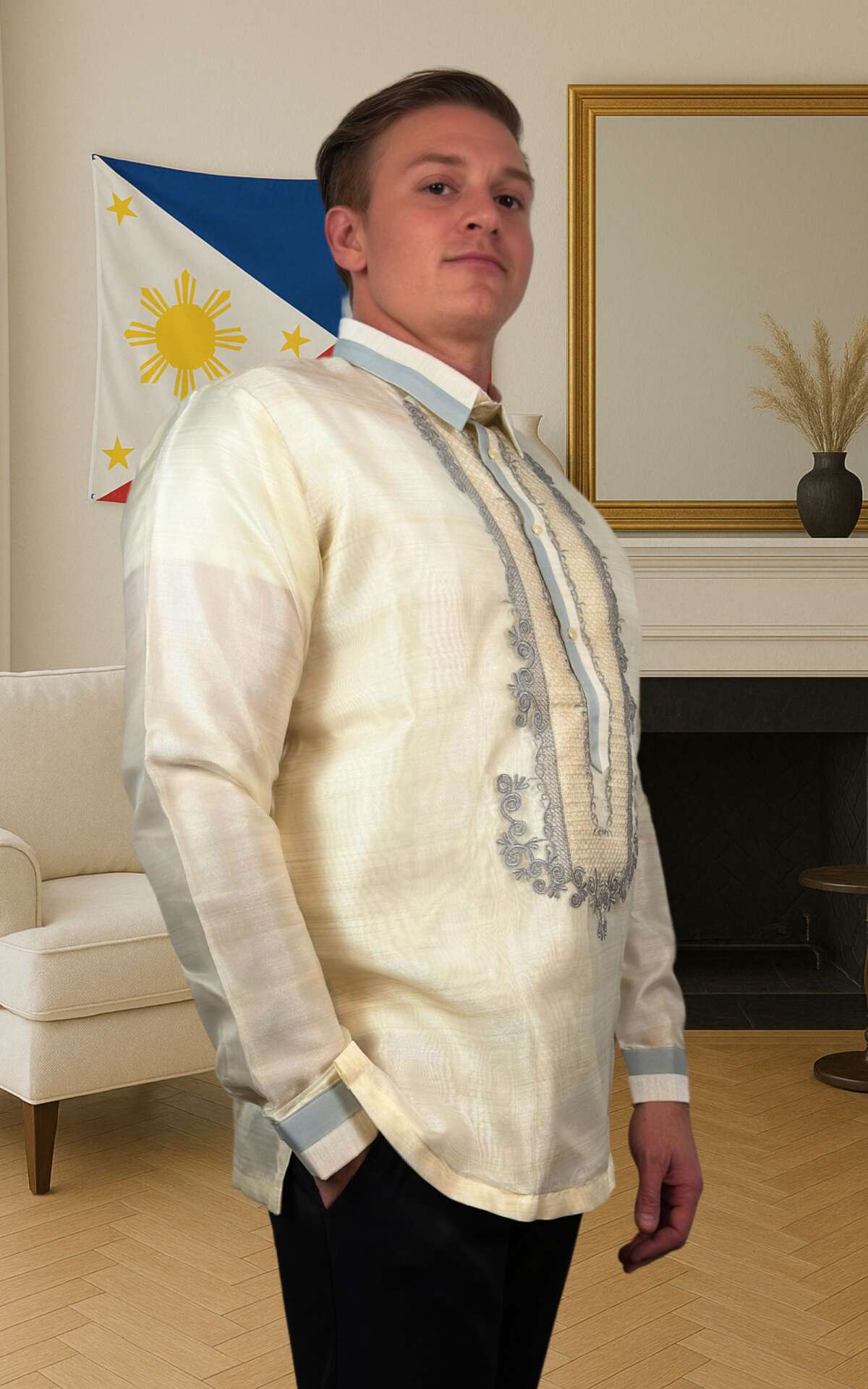 White and gray barong Filipino right view
