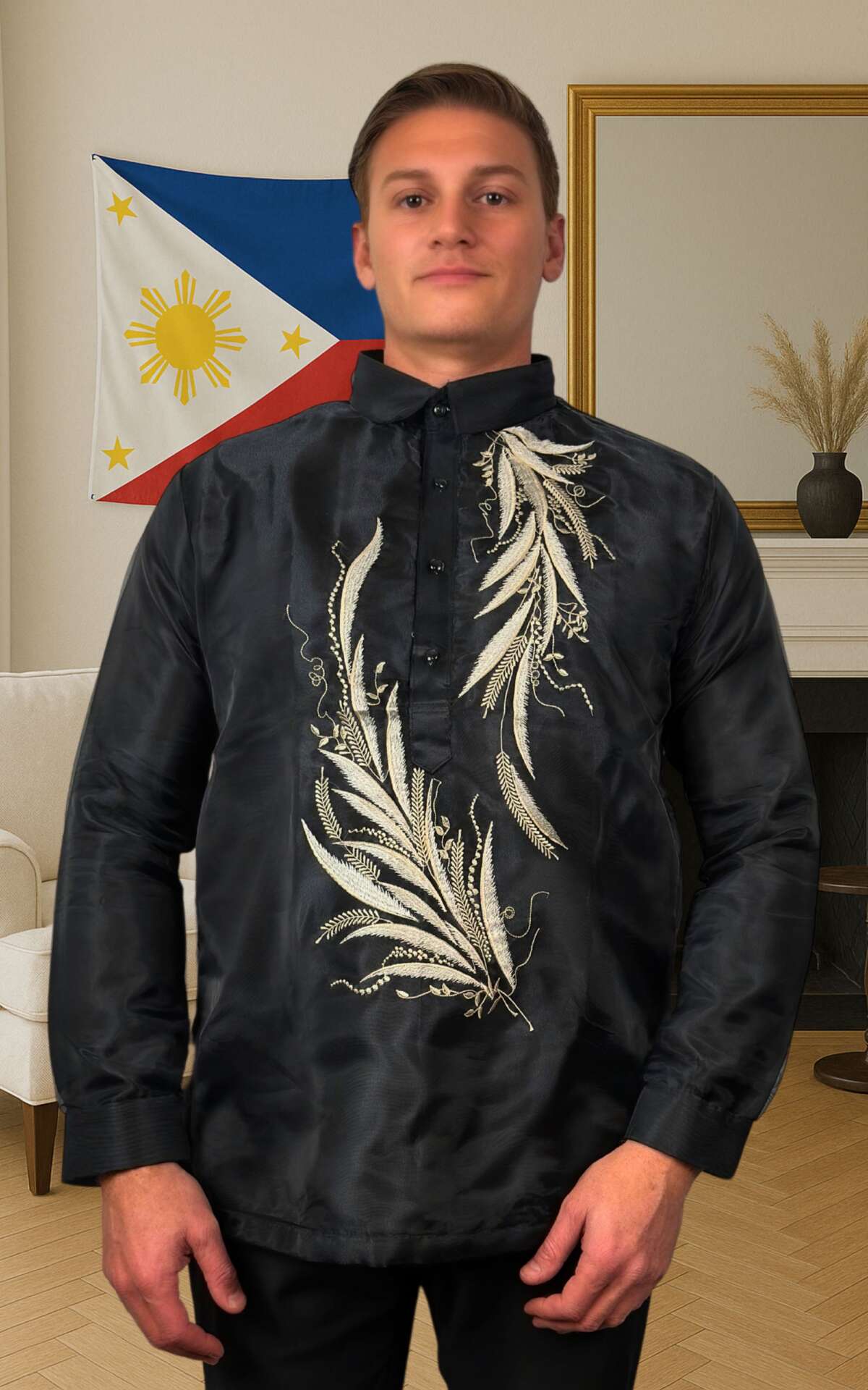 black-barong-front-view Black barong Filipino front view