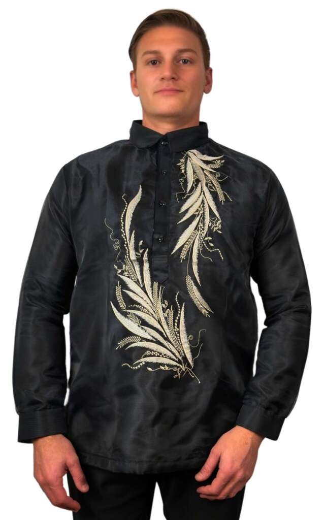 Black Feather Embroidered Long Sleeve Organza Barong Tagalog ORDER US SIZE
