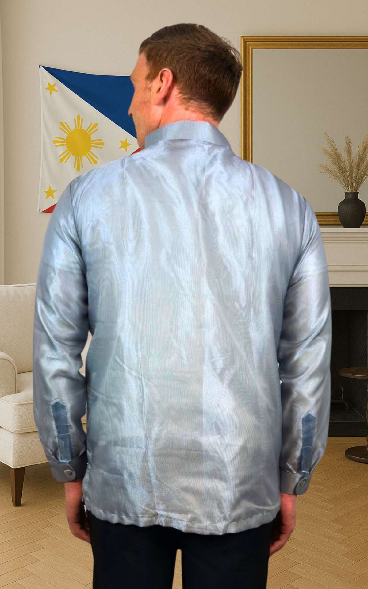 Gray barong Filipino back view