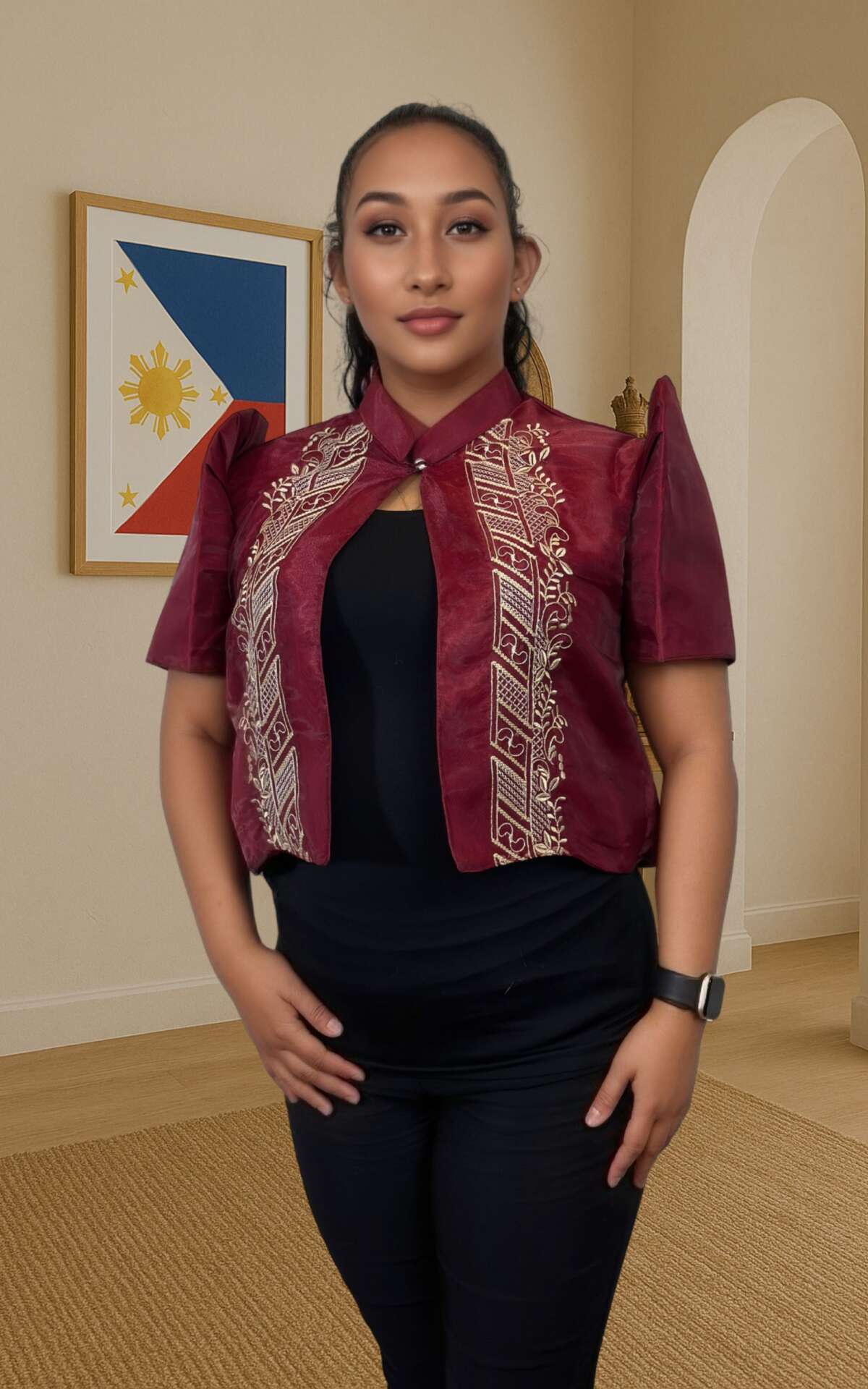 Maroon bolero front view