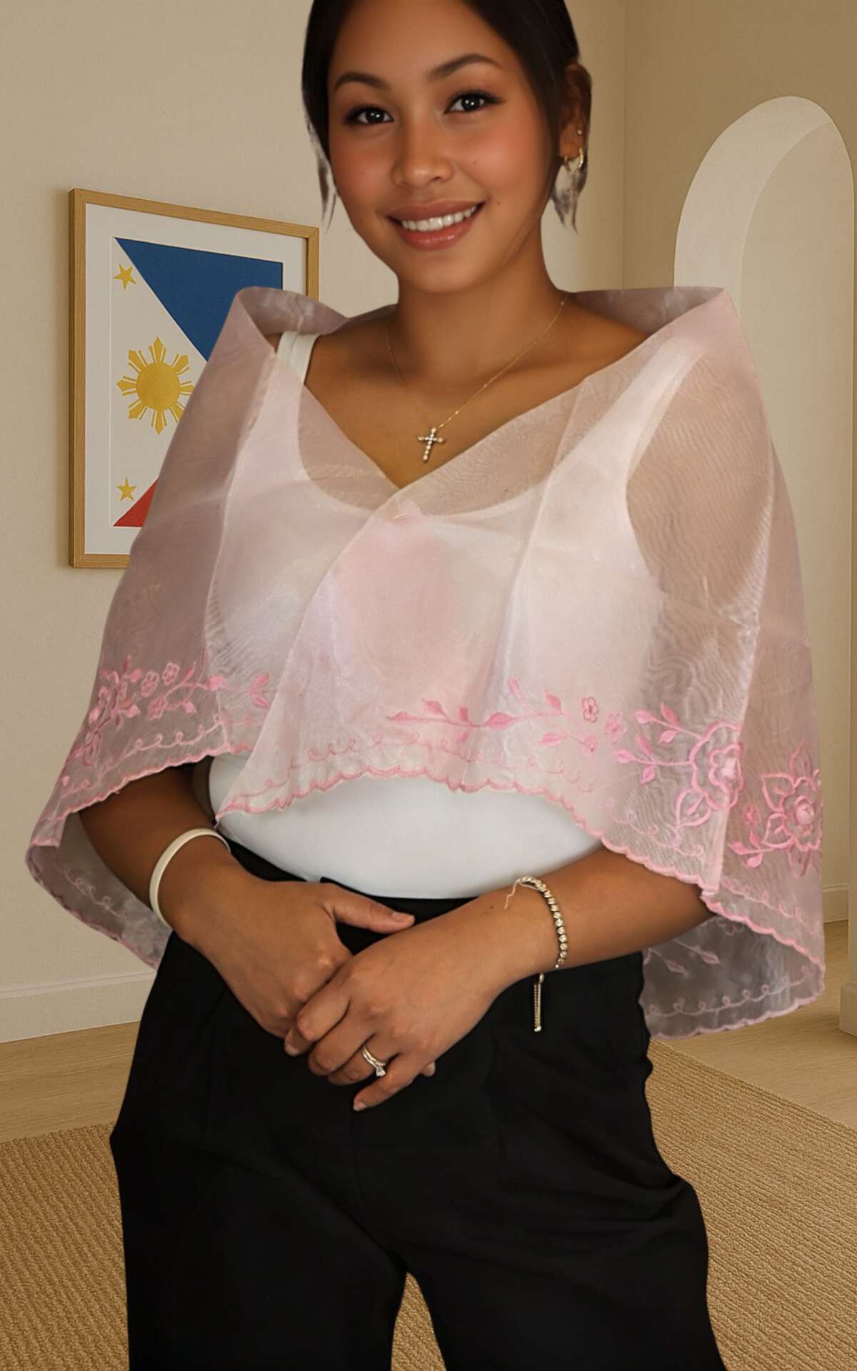 Filipina wearing pink alampay