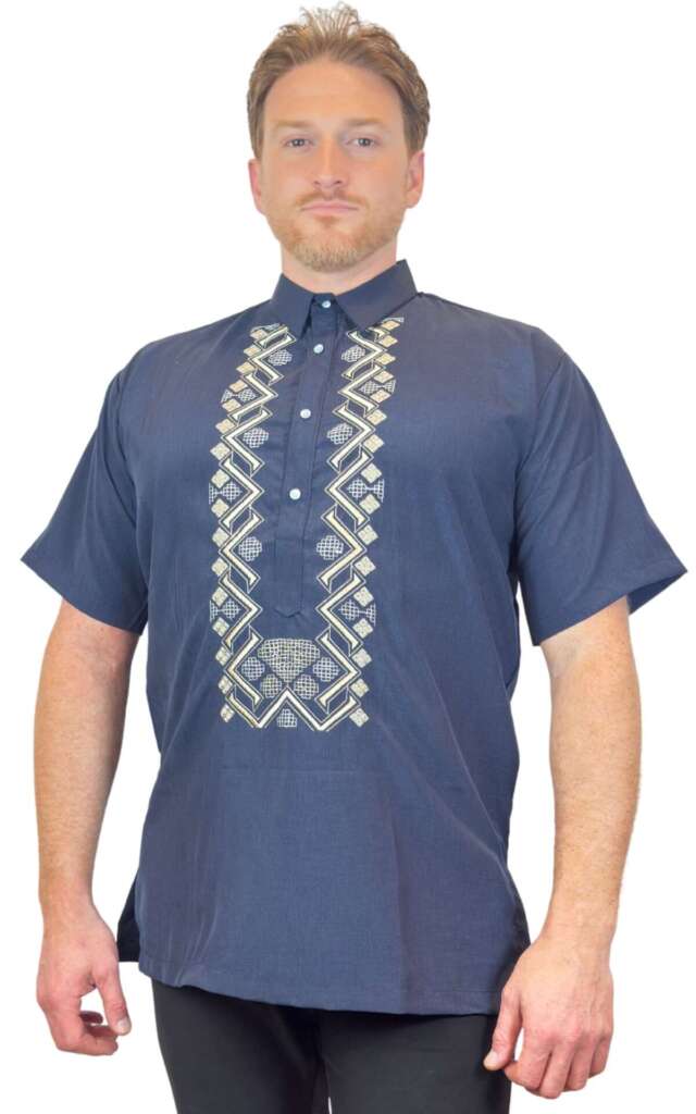 Navy Short Sleeve Wavy-Pattern Cotton Polo Barong Tagalog ORDER US SIZE