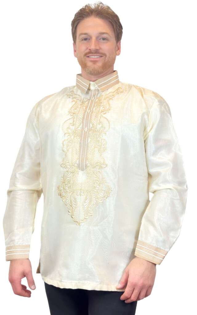 White Taupe Long Sleeve Organza with Intricate Floral Embroidery