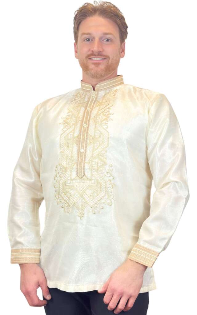 White Taupe Long Sleeve Organza with Chinese Collar – ORDER US SIZE