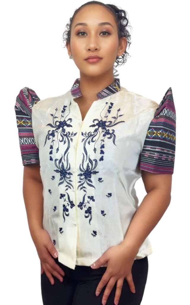 Modern Blouse — Off-White Blue Embroidery