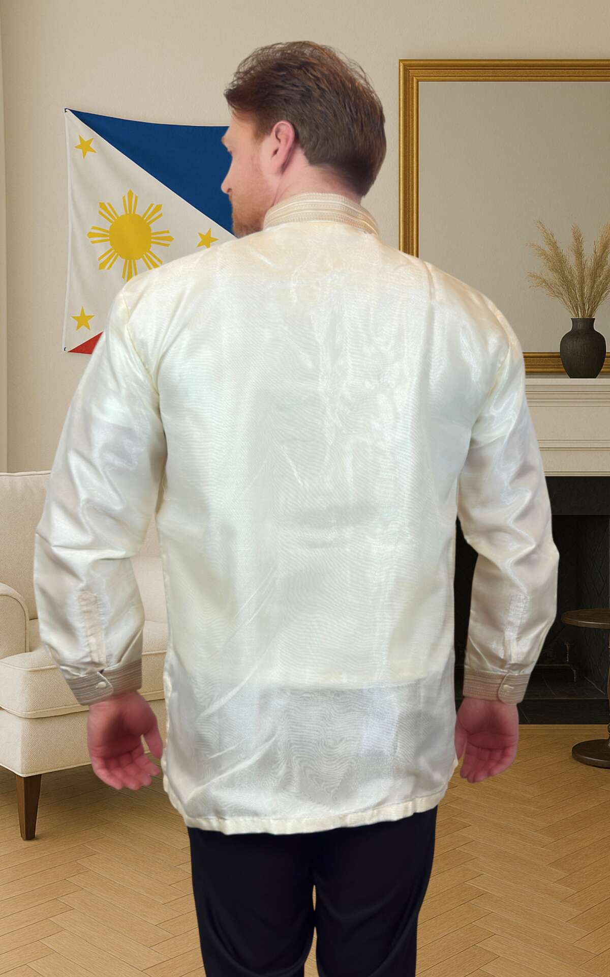 White taupe barong Filipino back view