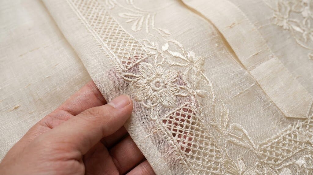 Barong tagalog embroidery close-up shot.