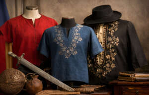 A collection of traditional Filipino tunics in red, blue, and black with floral embroidery, displayed alongside historical artifacts including a kampilan sword and a native hat.