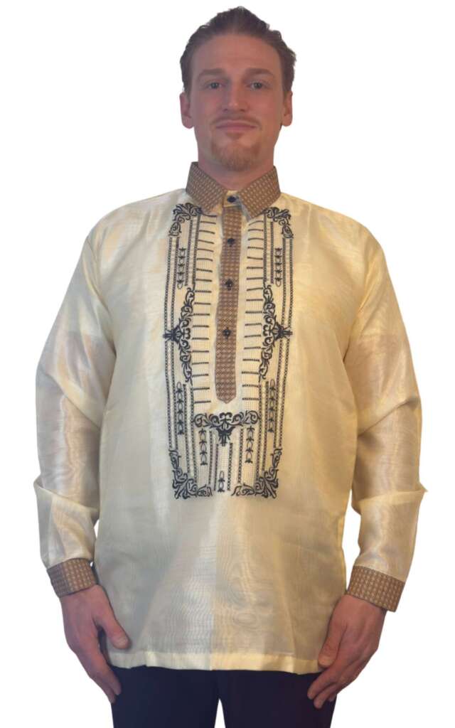 Cream Organza with Black and Brown Embroidery Barong Tagalog - ORDER US SIZE