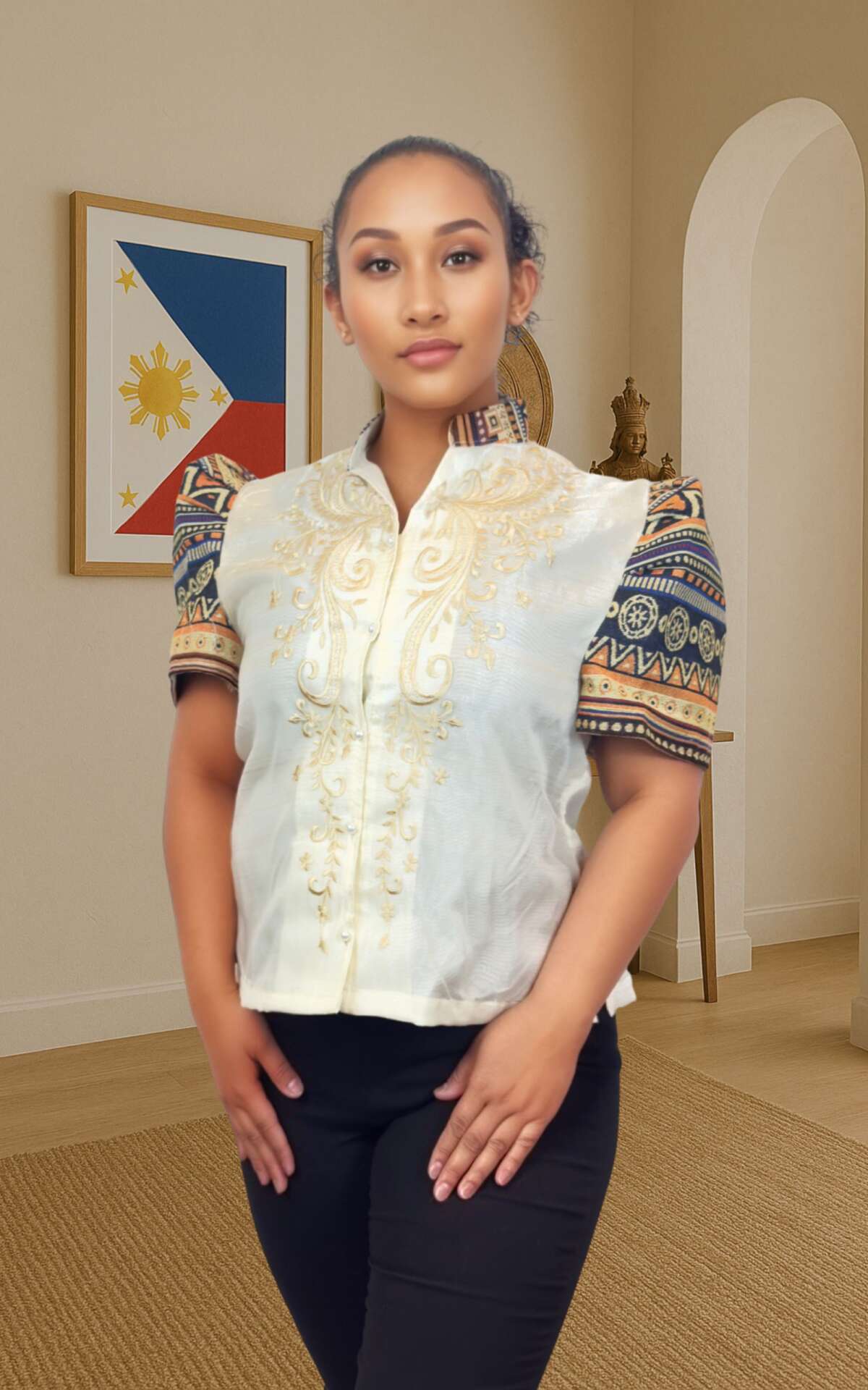 Beige embroidered modern blouse front view
