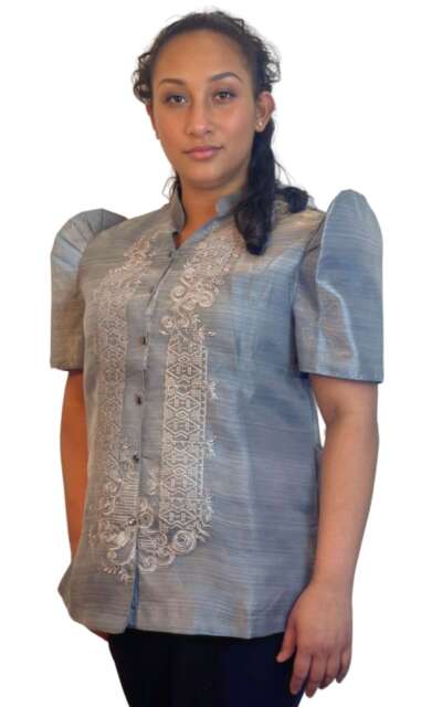 Filipina wearing gray modern blouse