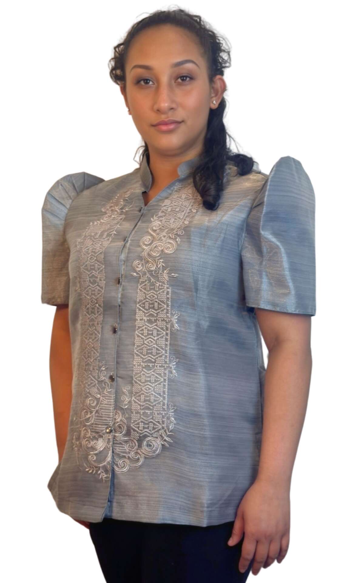 Filipina wearing gray modern blouse