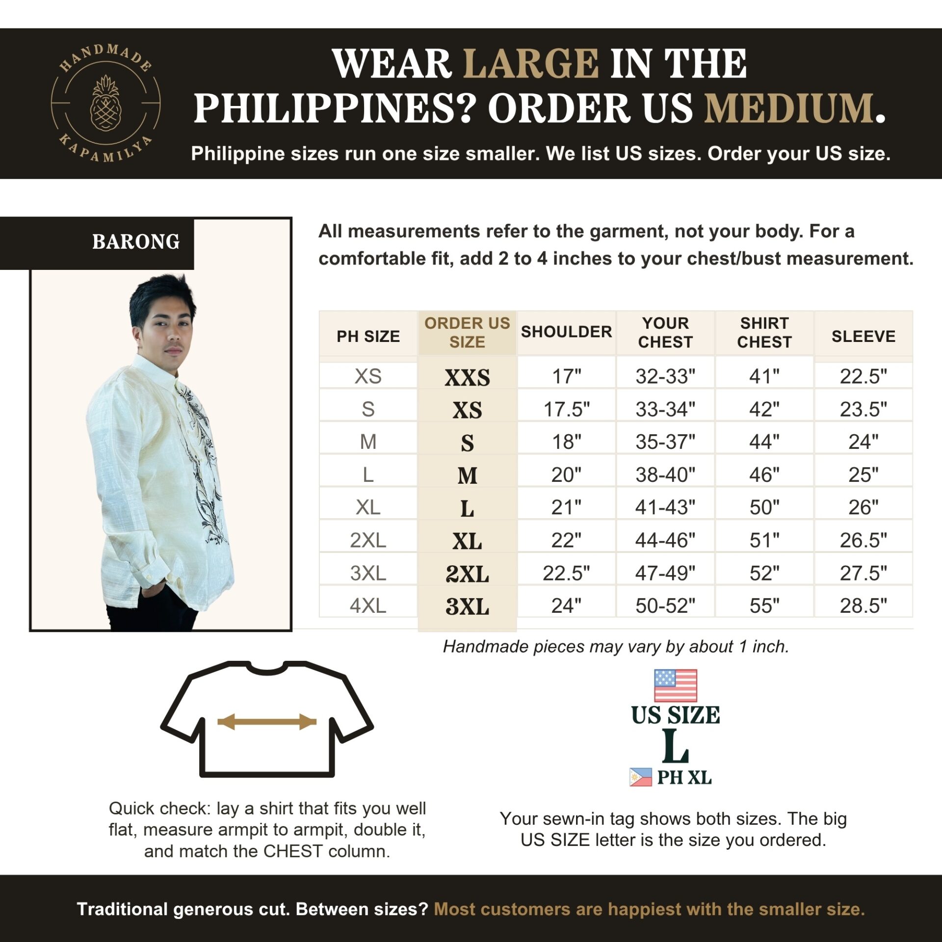 HMK barong size chart