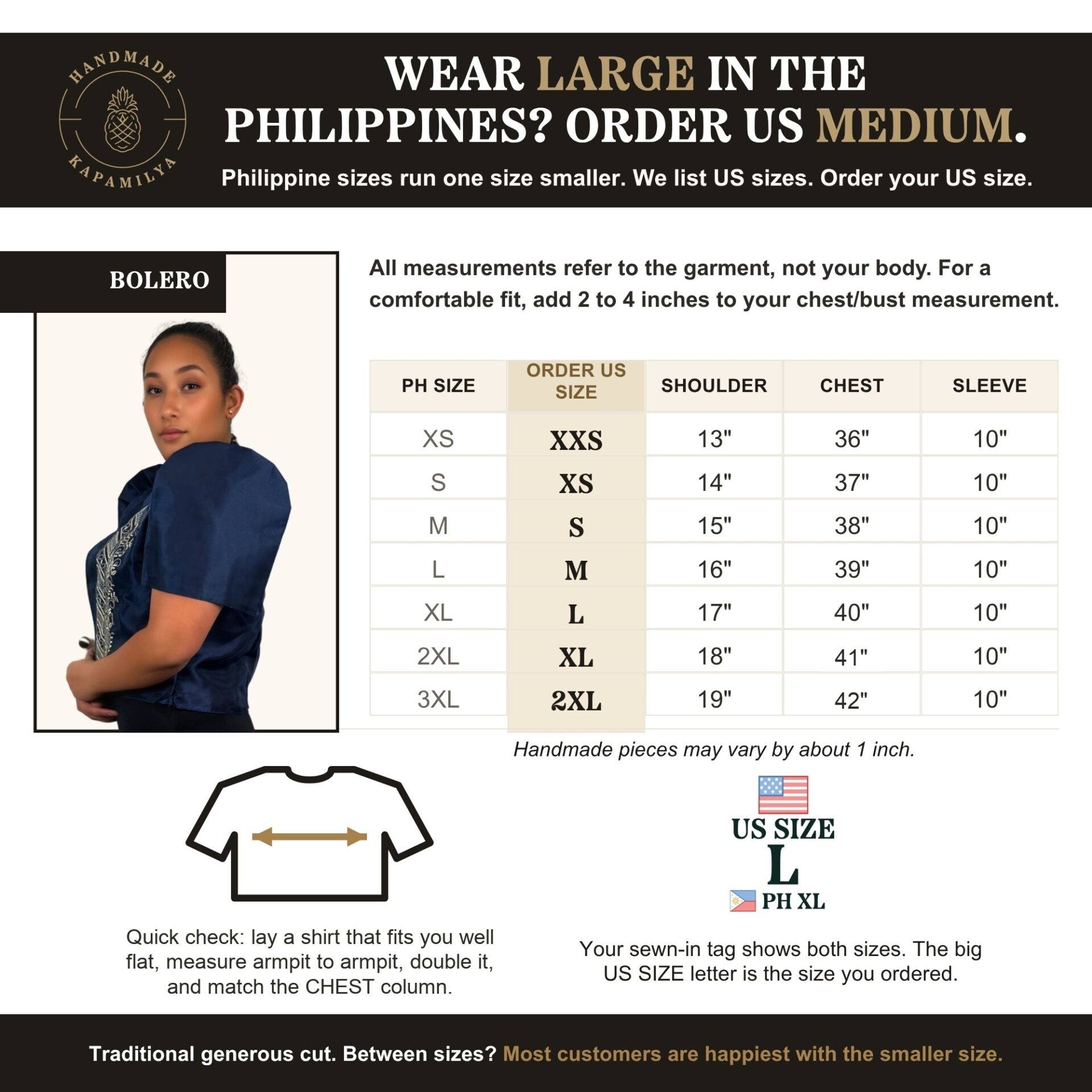 HMK bolero size chart