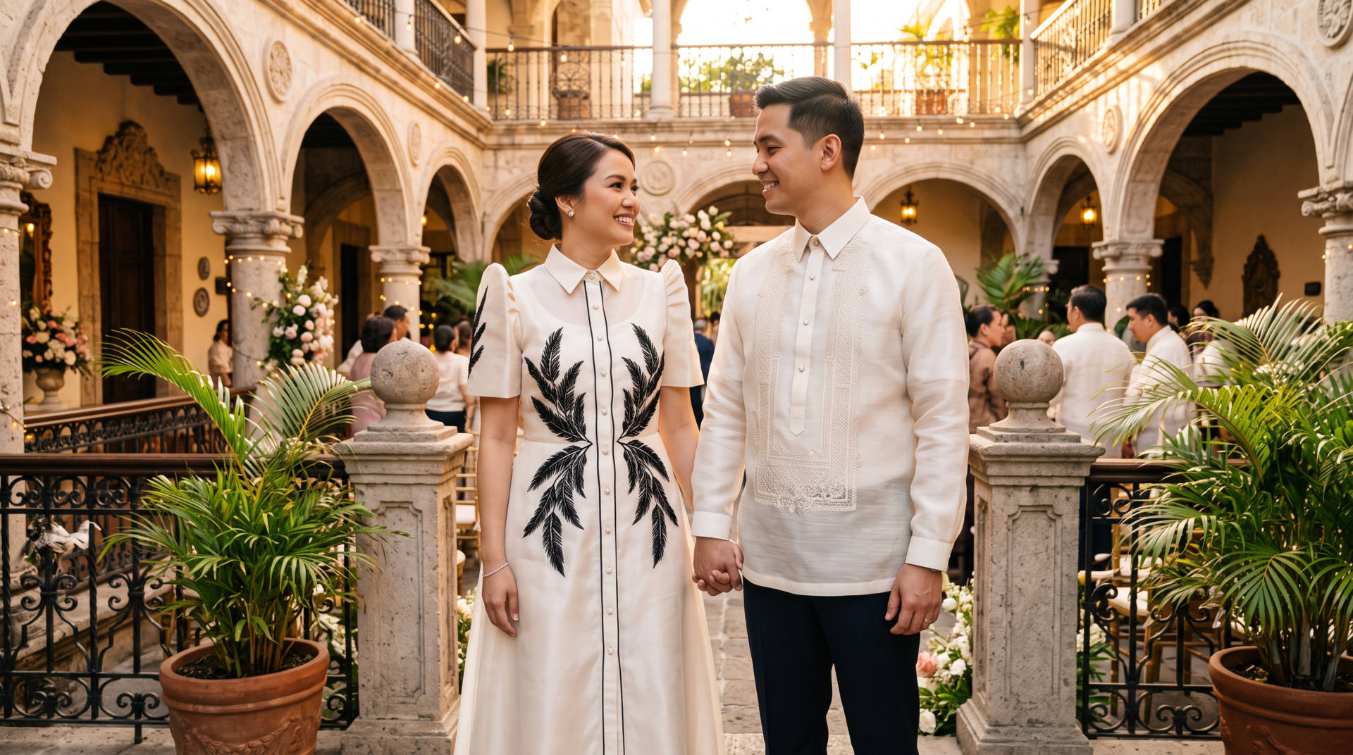 A Filipino couple in formal traditional wear smiling at a celebration.