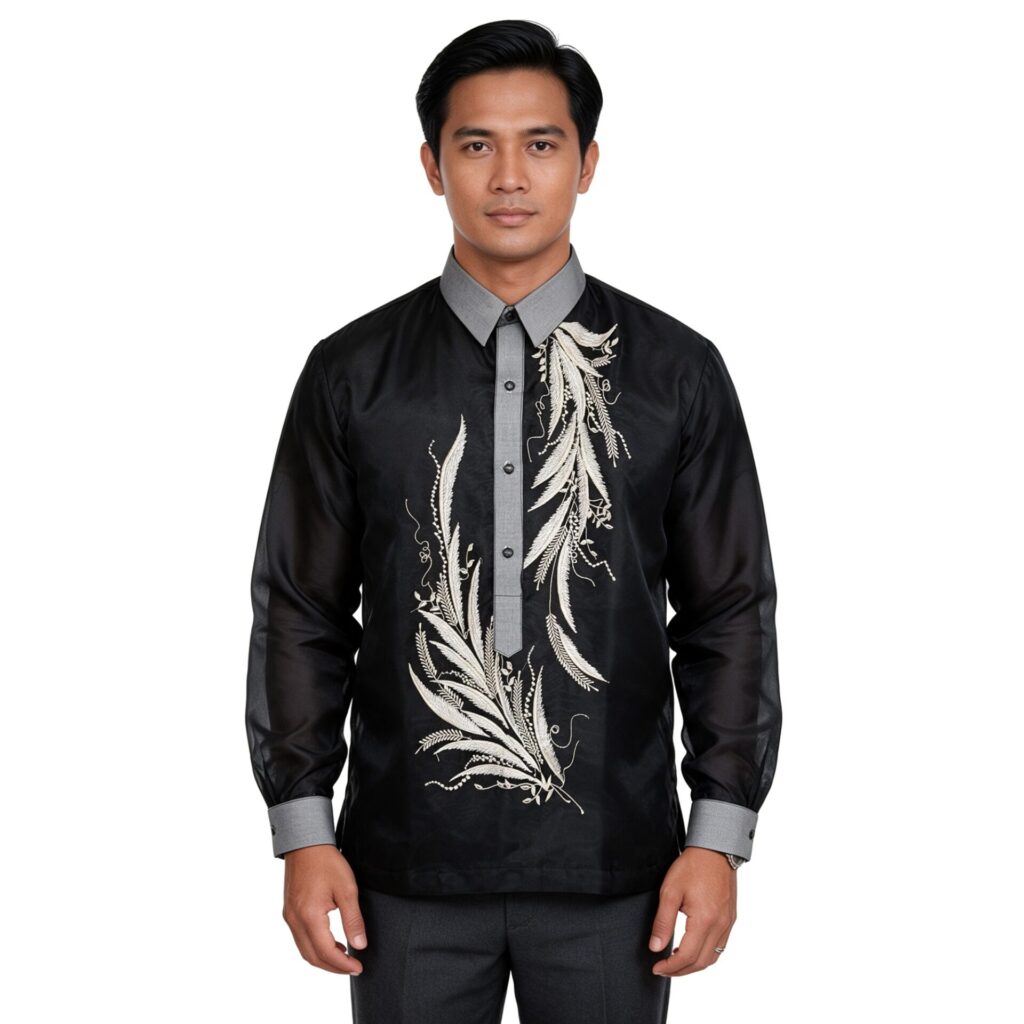Black Feather Embroidered Long Sleeve Organza Barong Tagalog