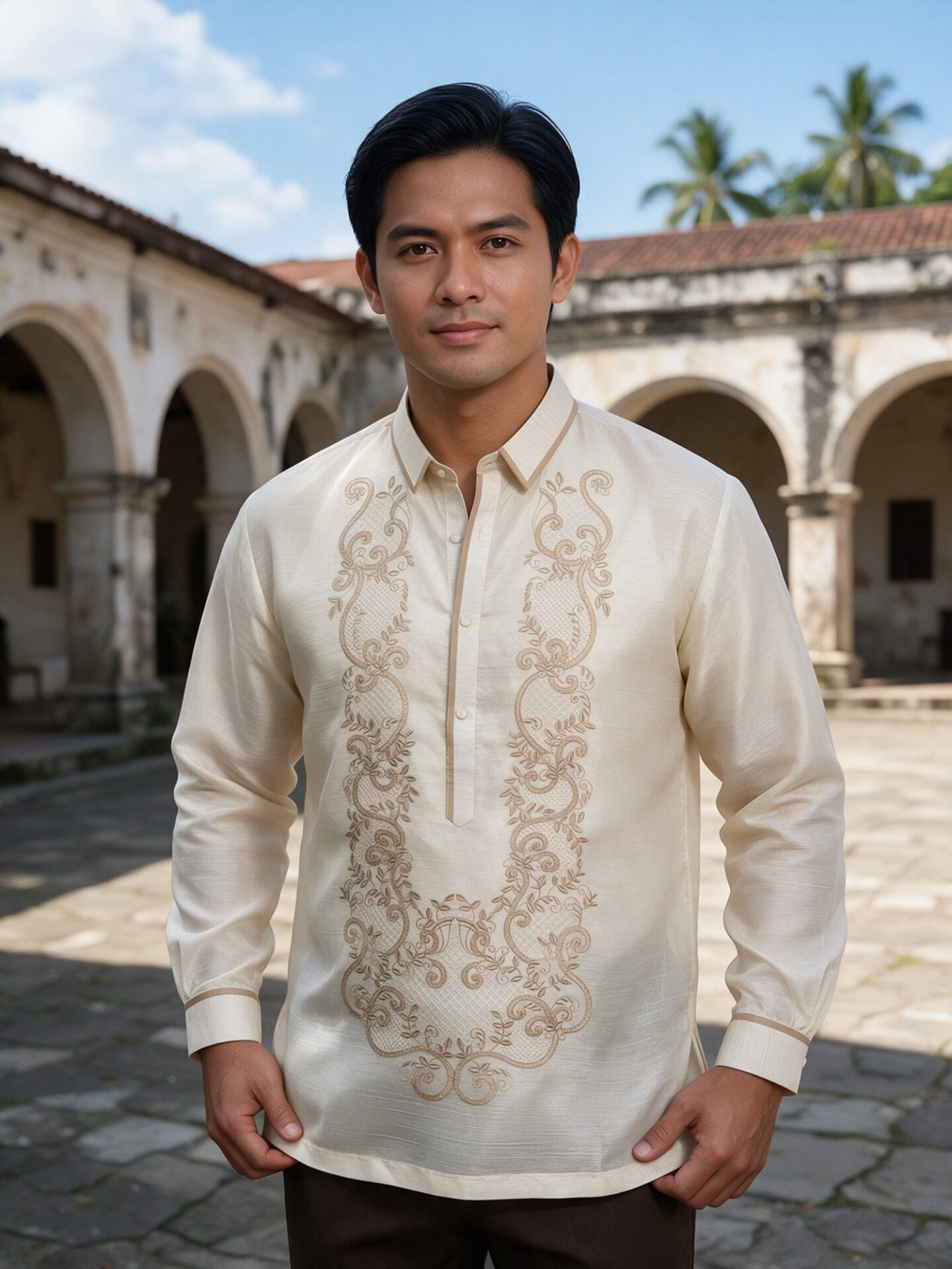 Ivory White Organza Barong Tagalog worn in a church courtyard