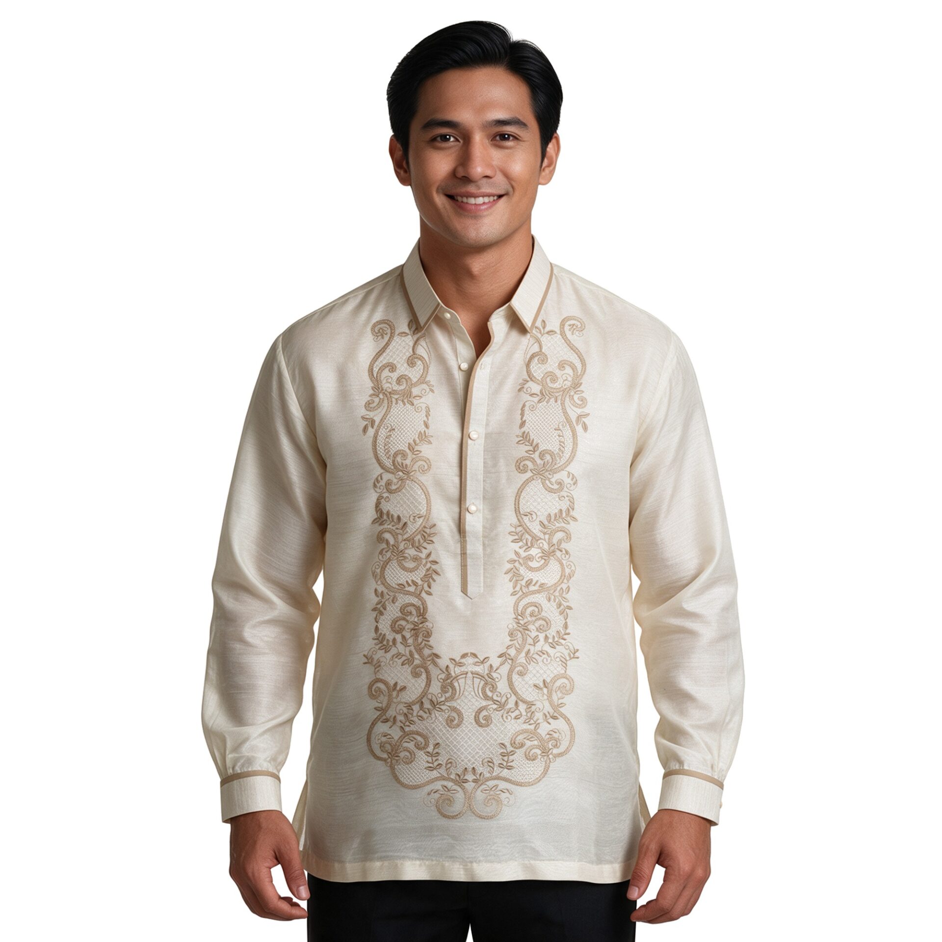 Ivory White Organza Barong Tagalog, front, white background