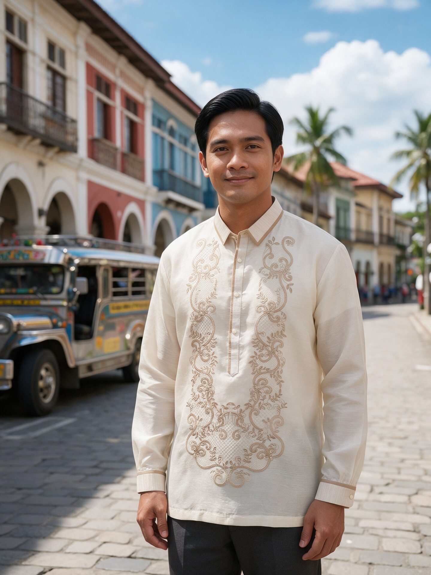 Ivory White Organza Barong Tagalog worn on a Vigan street