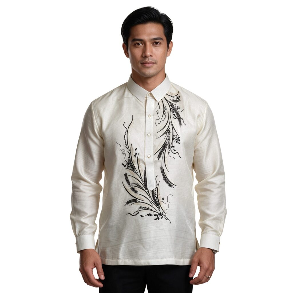 Modern White with Black Feather Embroidery Barong Tagalog