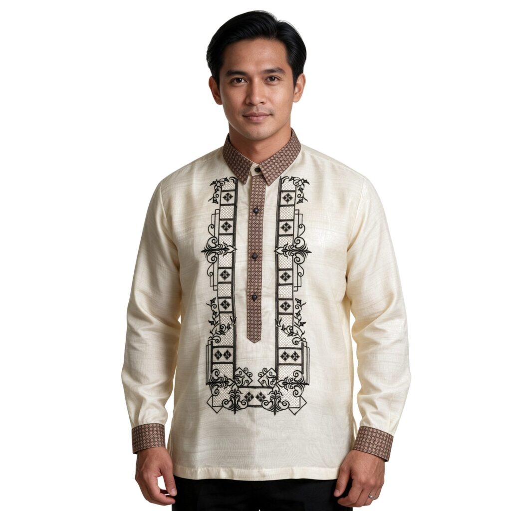 Cream Organza with Black and Brown Embroidery Barong Tagalog