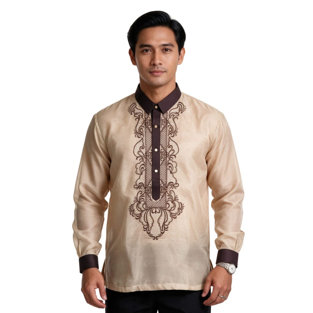 Sand Barong Tagalog with Brown Embroidery