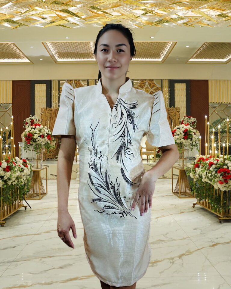 Model wearing a handmade Filipiniana dress by Handmade Kapamilya